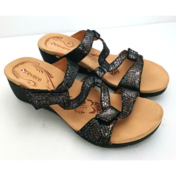 NEW Revere Sofia Blk Metallic Python Strappy Comfort Wedge Sandals US 10M - Picture 6 of 11